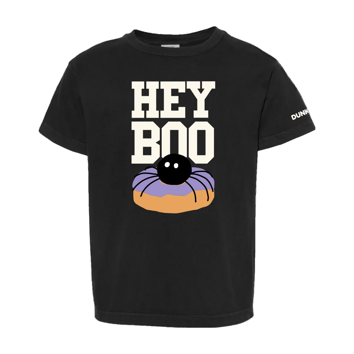 A black short-sleeve t-shirt with a graphic on the front reading 'HEY BOO' in large cream letters above a cartoon spider on a purple and orange donut. The shirt is shown flat against a solid white background, with 'DUNKIN' printed in white on the left sleeve.